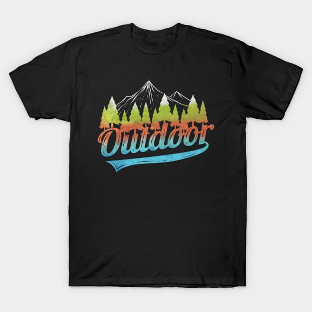 Logo Outdoor With Mountains And Forest On Camping T-Shirt by SinBle